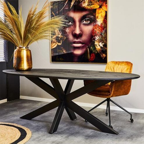 Orianna eettafel industrieel ovaal zwart mangohout