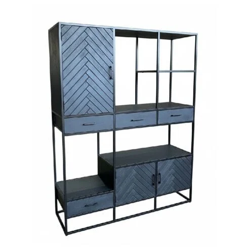 Scandi boekenkast industrieel mangohout visgraat zwart 160cm