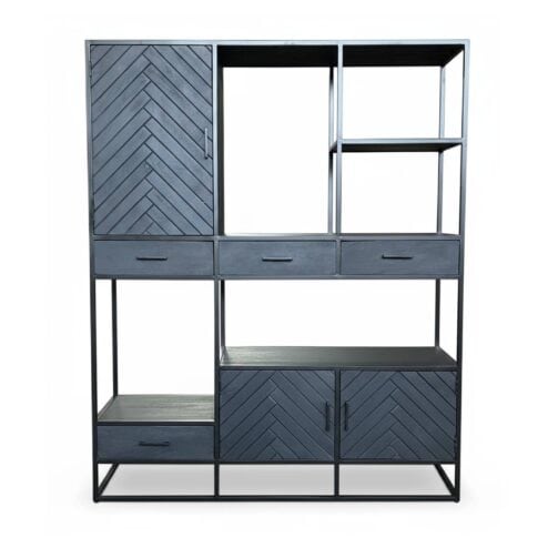 Scandi boekenkast industrieel mangohout visgraat zwart 160cm