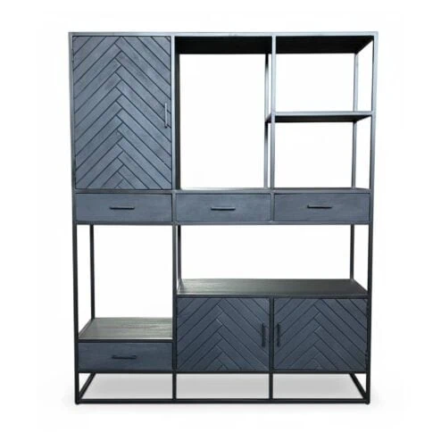 Scandi boekenkast industrieel mangohout visgraat zwart 160cm