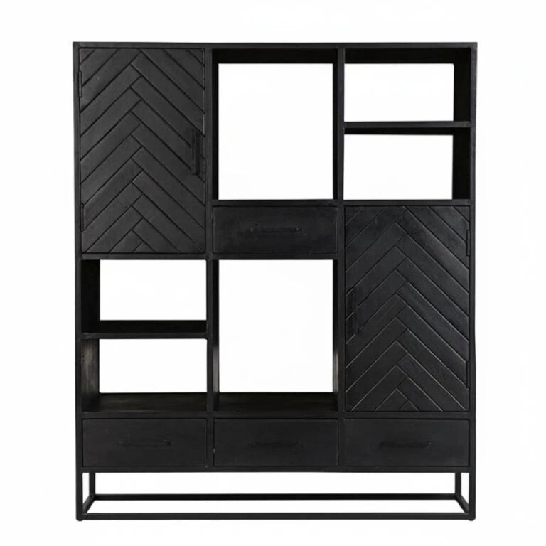 Scandi vakkenkast klein visgraat zwart mangohout 115cm