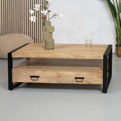 Britt salontafel industrieel mangohout met 4 lades 120cm