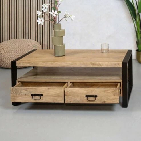 Britt salontafel industrieel mangohout met 4 lades 120cm