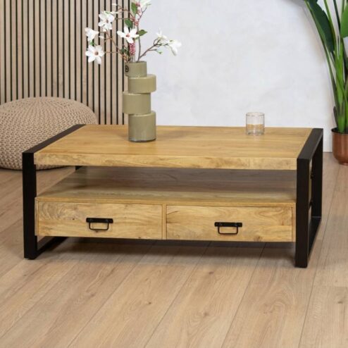 Britt salontafel industrieel mangohout met 4 lades 120cm