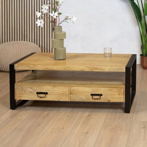 Britt salontafel industrieel mangohout met 4 lades 120cm