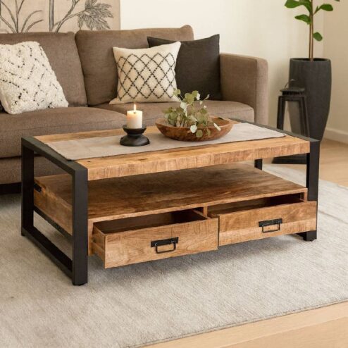 Britt salontafel industrieel mangohout warm met 4 lades 120cm