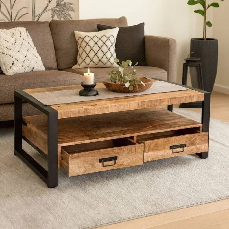 Britt salontafel industrieel mangohout warm met 4 lades 120cm