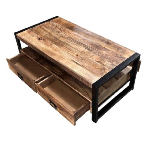 Britt salontafel industrieel mangohout warm met 4 lades 120cm