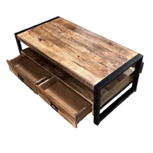Britt salontafel industrieel mangohout warm met 4 lades 120cm