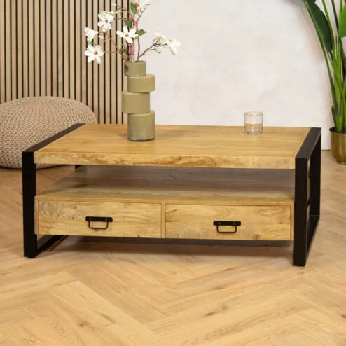 Britt salontafel industrieel mangohout met 4 lades 120cm