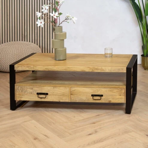 Britt salontafel industrieel mangohout met 4 lades 120cm