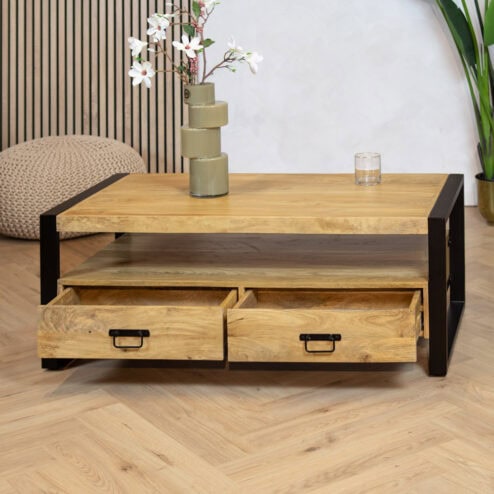 Britt salontafel industrieel mangohout met 4 lades 120cm