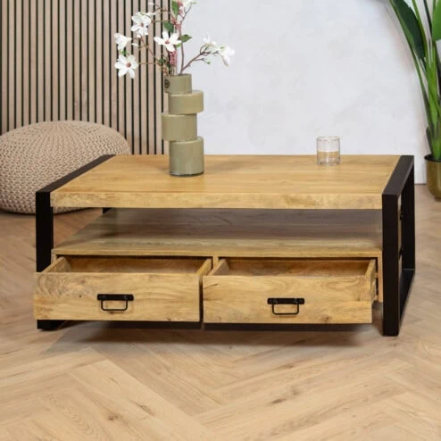 Britt salontafel industrieel mangohout met 4 lades 120cm