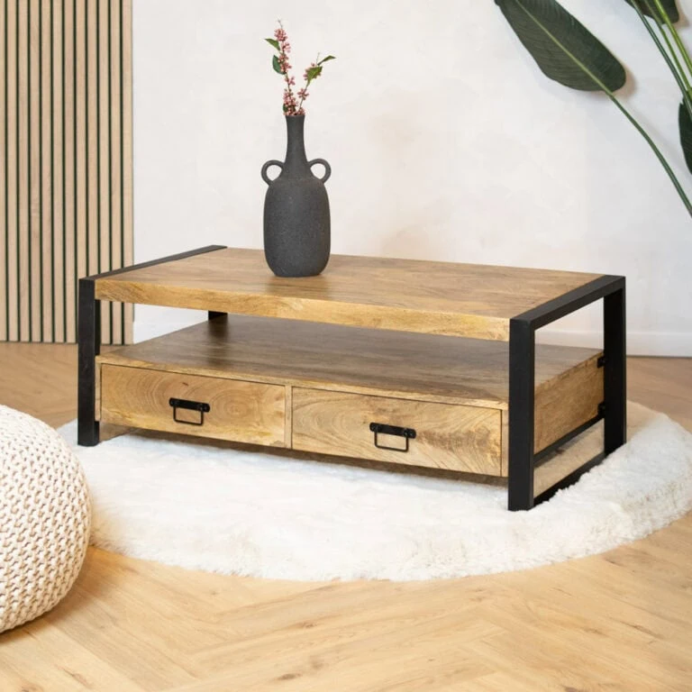 Britt salontafel industrieel mangohout met 4 lades 120cm