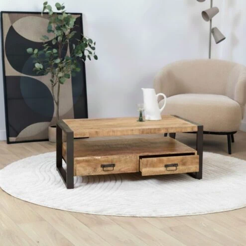 Britt salontafel industrieel mangohout met 4 lades 120cm