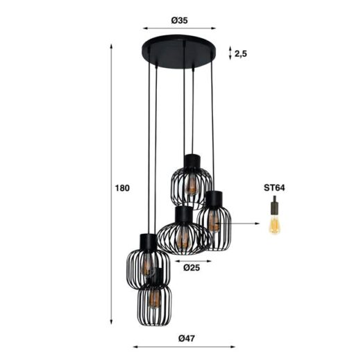 Cage 5-lichts Hanglamp getrapte Charcoal zwart
