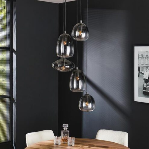 Mira 5 lichts smokeglas hanglamp getrapt Artic zwart