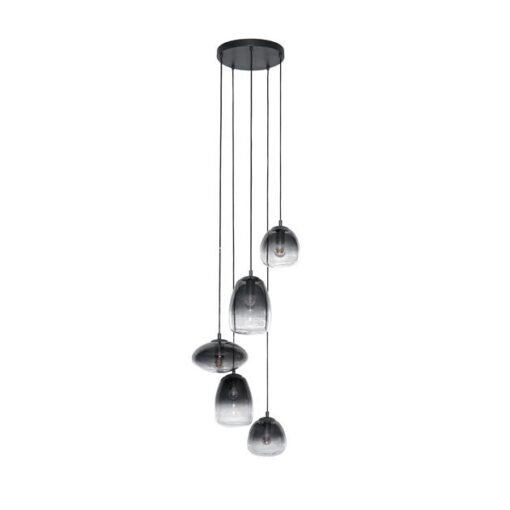Mira 5 lichts smokeglas hanglamp getrapt Artic zwart