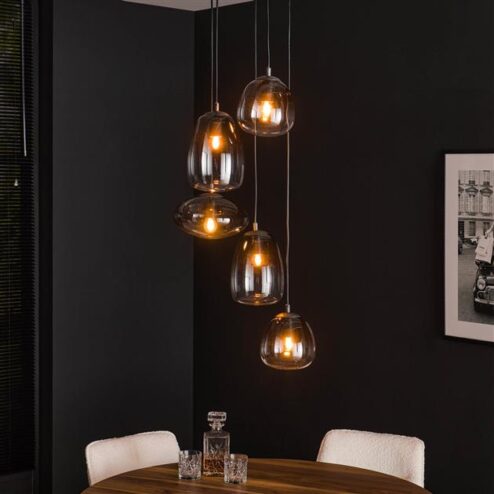 Mira 5 lichts smokeglas hanglamp getrapt Artic zwart