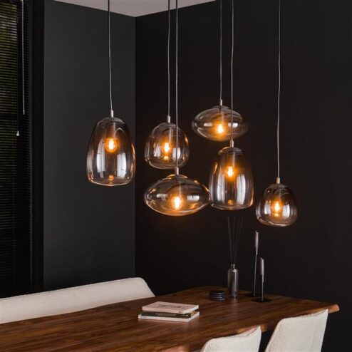 Mira 6 lichts smokeglas hanglamp Artic zwart