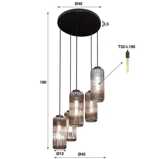 Vivian 5-lichts hanglamp getrapt smoke glas Artic zwart