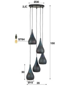 Pinch Hanglamp 5-lichts getrapt Zwart bruin