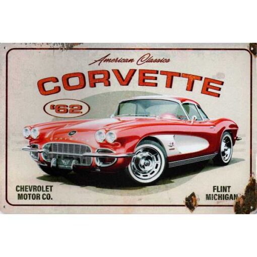 Auto Red Corvette 1962 - metalen bord