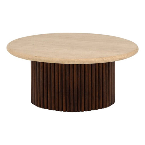 Marmo salontafel 78cm rond met ribbelpoot en Trevertin blad