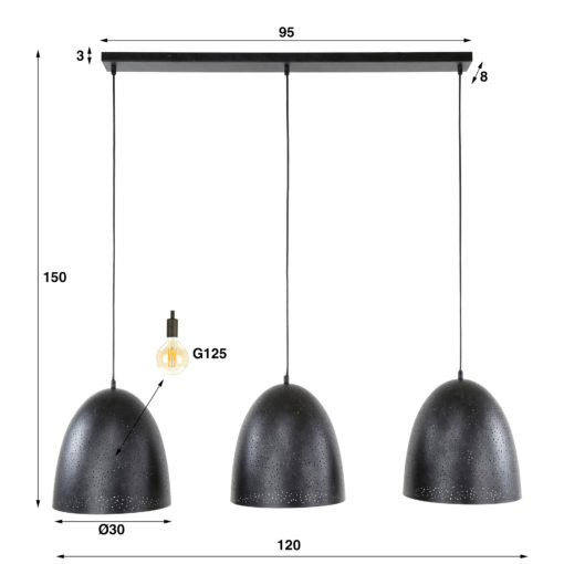 Quinn 3-lichts Hanglamp geperforeerd Charcoal