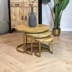 Morada salontafel industrieel Naturel mangohout rond set van 3 goud