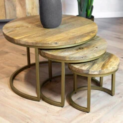 Morada salontafel industrieel Naturel mangohout rond set van 3 goud