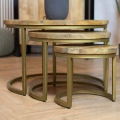 Morada salontafel industrieel Naturel mangohout rond set van 3 goud