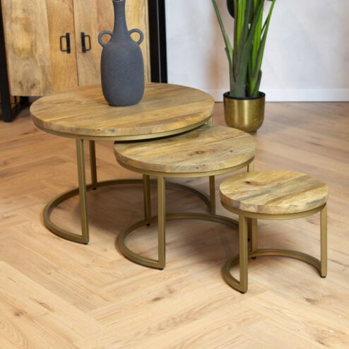 Morada salontafel industrieel Naturel mangohout rond set van 3 goud