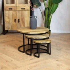 Morada salontafel industrieel mangohout licht naturel rond set van 3