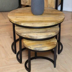 Morada salontafel industrieel mangohout licht naturel rond set van 3