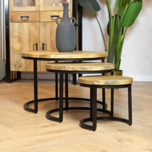 Morada salontafel industrieel mangohout licht naturel rond set van 3