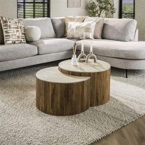 Numa Salontafel set van 2 Halfrond Mangohout Travertin