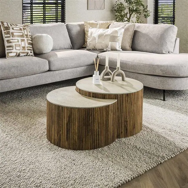 Numa Salontafel set van 2 Halfrond Mangohout Travertin