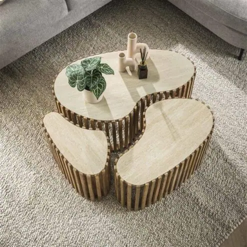 Numa Salontafel set van 3 Niervorm Mangohout Travertin