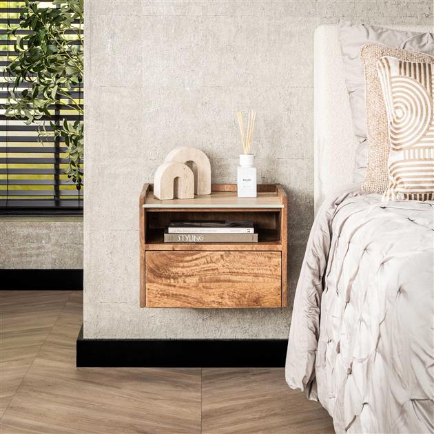 Numa Zwevend Nachtkastje open vak Mangohout Travertin 40cm