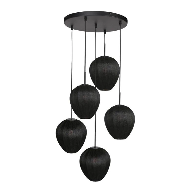 Zavi 5-lichts Getrapte Hanglamp Zwart Stof