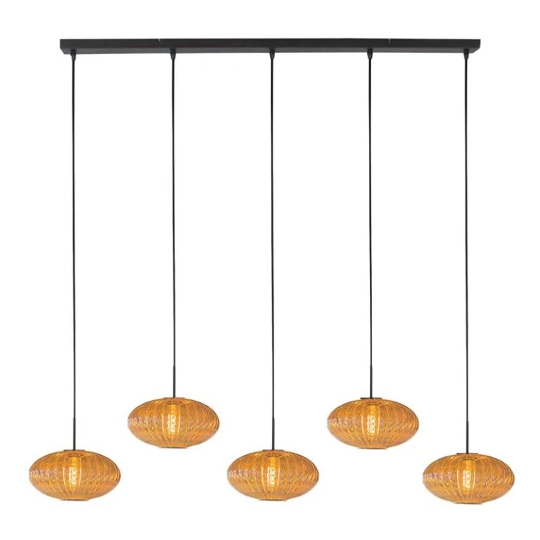 Zavi 5-lichts Hanglamp Geribbeld Amberglas