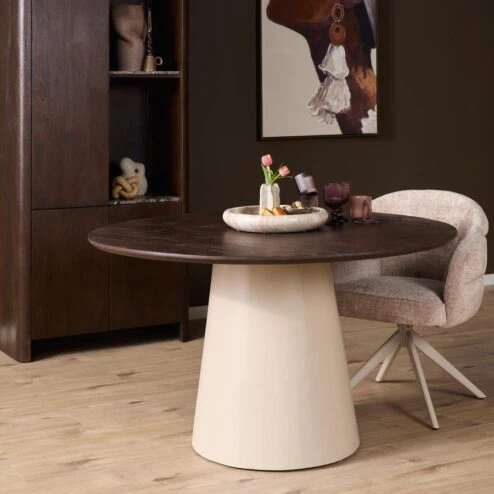 Eettafel Martin rond Walnoot Zand Dichte poot 150cm