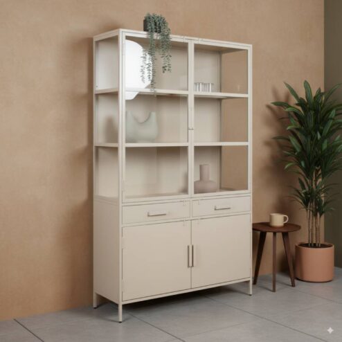 Figue vitrinekast industrieel taupe binnenkant zijkant glas 120cm