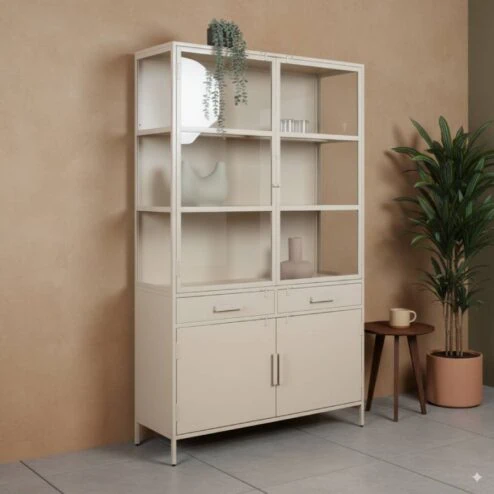 Figue vitrinekast industrieel taupe binnenkant zijkant glas 120cm