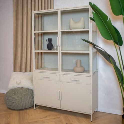 Figue vitrinekast industrieel taupe binnenkant zijkant glas 120cm