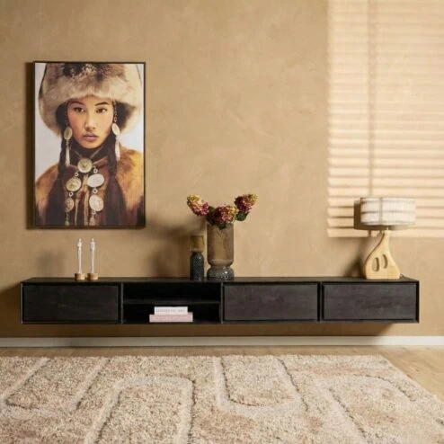 Tony Zwevend Tv meubel Zwart Mangohout 280 cm