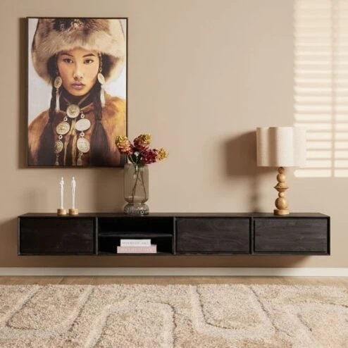 Tony Zwevend Tv meubel Zwart Mangohout 240 cm