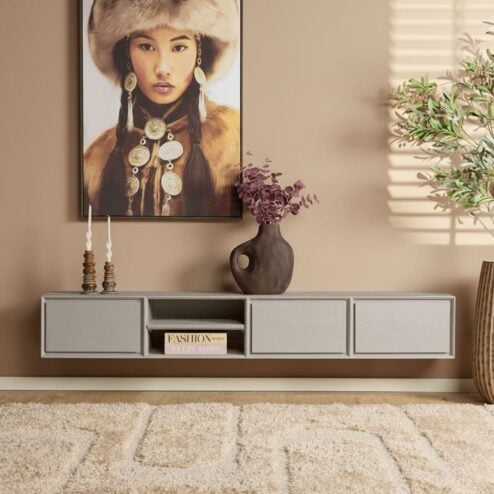 Tony Zwevend Tv meubel Taupe Mangohout 200 cm