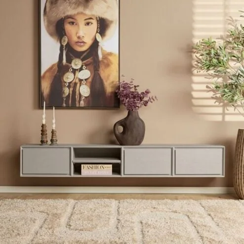 Tony Zwevend Tv meubel Taupe Mangohout 200 cm